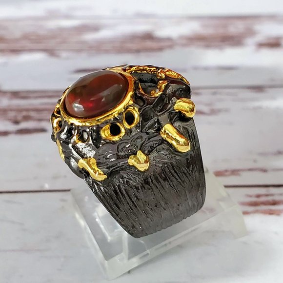 Artisan Black Opal Sterling & 14 kt Gold Ring - Picture 3 of 9